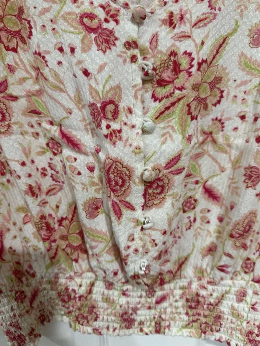 Rose + Olive Women's MED Short Sleeve Peasant Crop Top Ivory Multi Floral